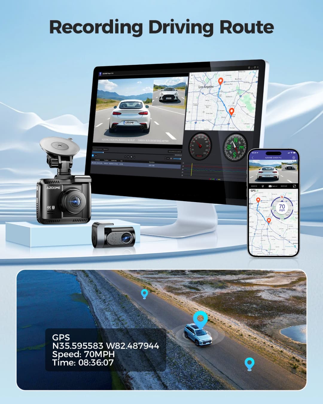 AZDOME كاميرا لوحة القيادة GS63H Pro 4K+1080P شاشة 2.4 بوصة IPS زاوية رؤية 150 درجة مدمج ADAS واي فاي 6 GPS مسجل سيارة G-Sensor مراقبة وقوف السيارات 24 ساعة - 3