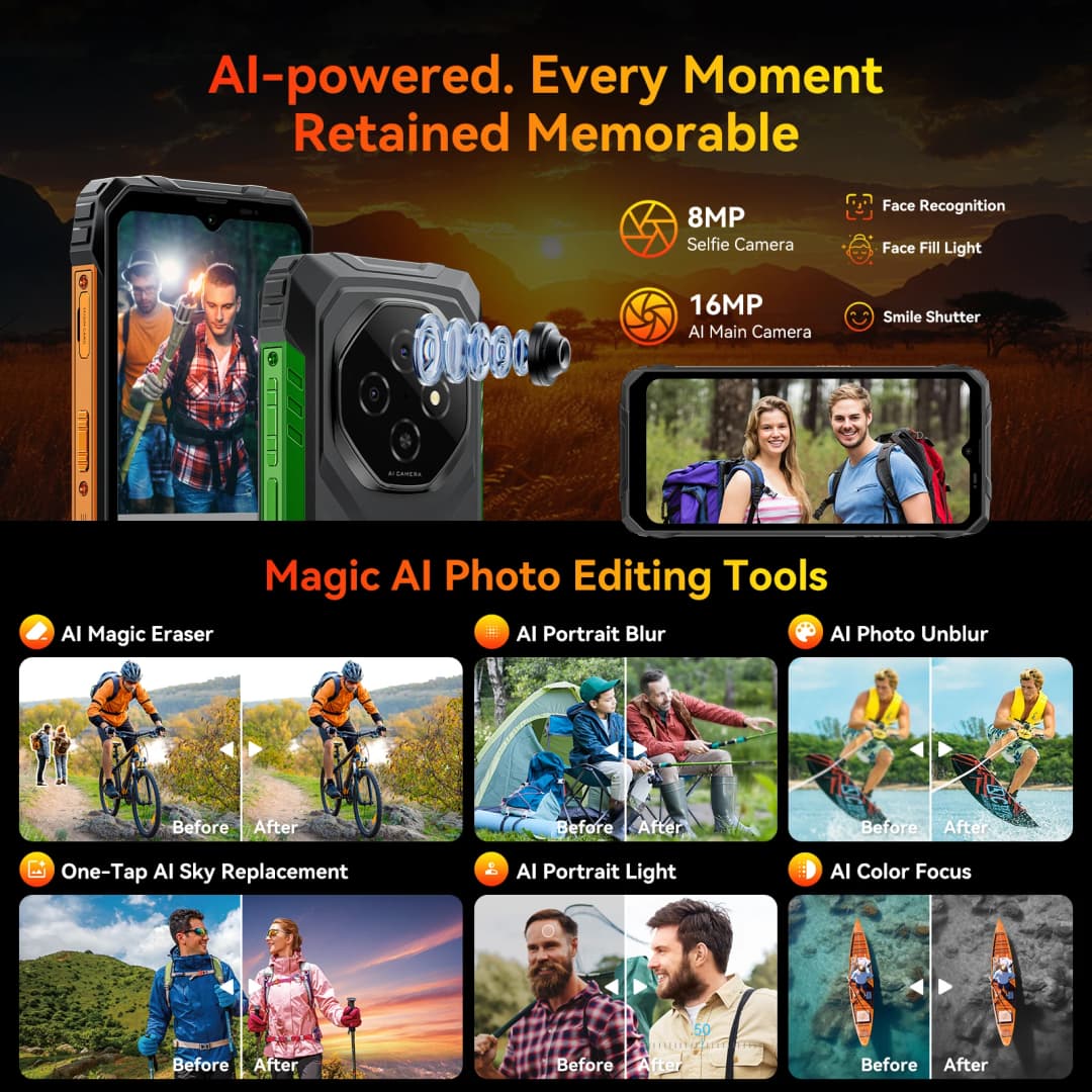 Blackview FORT 1 Rugged Phones, 6.65-inch Android 15 AI Smart Phone 6GB RAM 256GB+2TB ROM, Unisoc Tiger T615 10000mAh Cellphones - 6