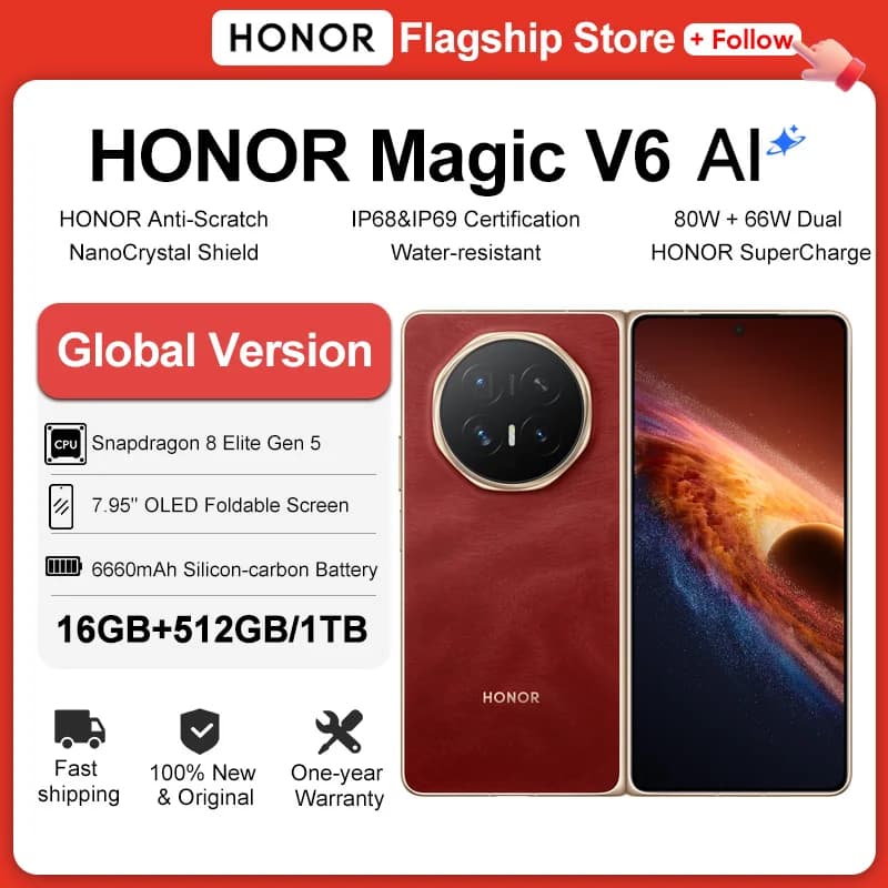 2026 New HONOR Magic V6 Global Version 5G Smartphone Snapdragon 8 Elite Gen 5 120Hz Foldable OLED Screen 6660mAh 80W SuperCharge