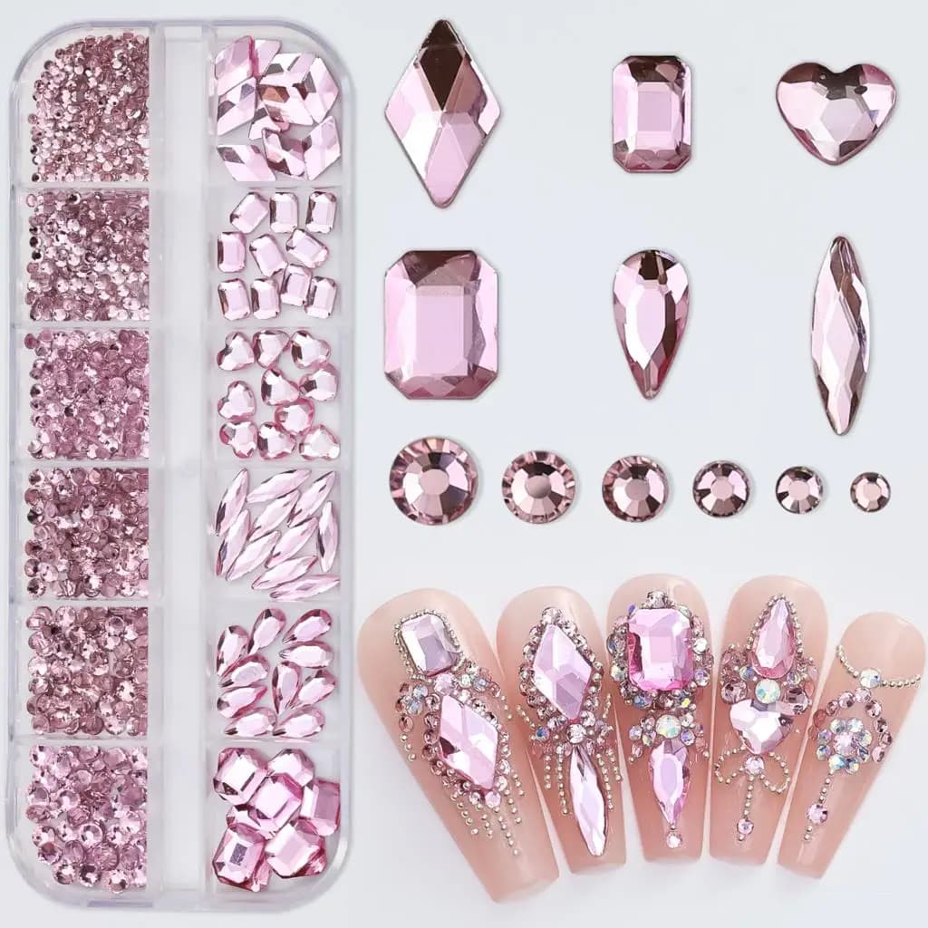 12Grids Pink Mixed Nail Rhinestones Luxury Nail Charms Glitter Crystal Jewelry Gems Nail Art Decoration DIY Manicure Rhinestones - 2