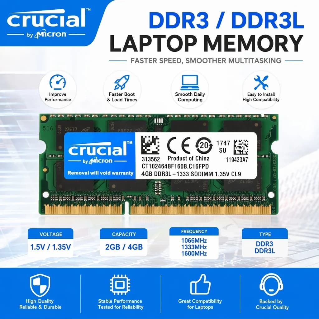 Crucial Laptop Memory RAM DDR3L DDR3 2GB 4GB 1066 1333MHz 1600MHz SO-DIMM PC3-10600S 8500S 12800S Notebook Single Dual Rank RAMs