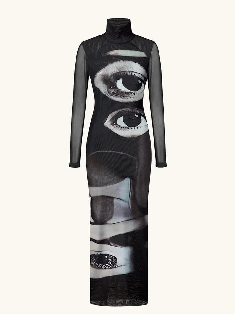 Ahagaga Fashion Women's Maxi Dresses Printed Turtleneck Regular Long Sleeves Sheath Slim Fit Eyes Causal Streetwear Vestidos - 2