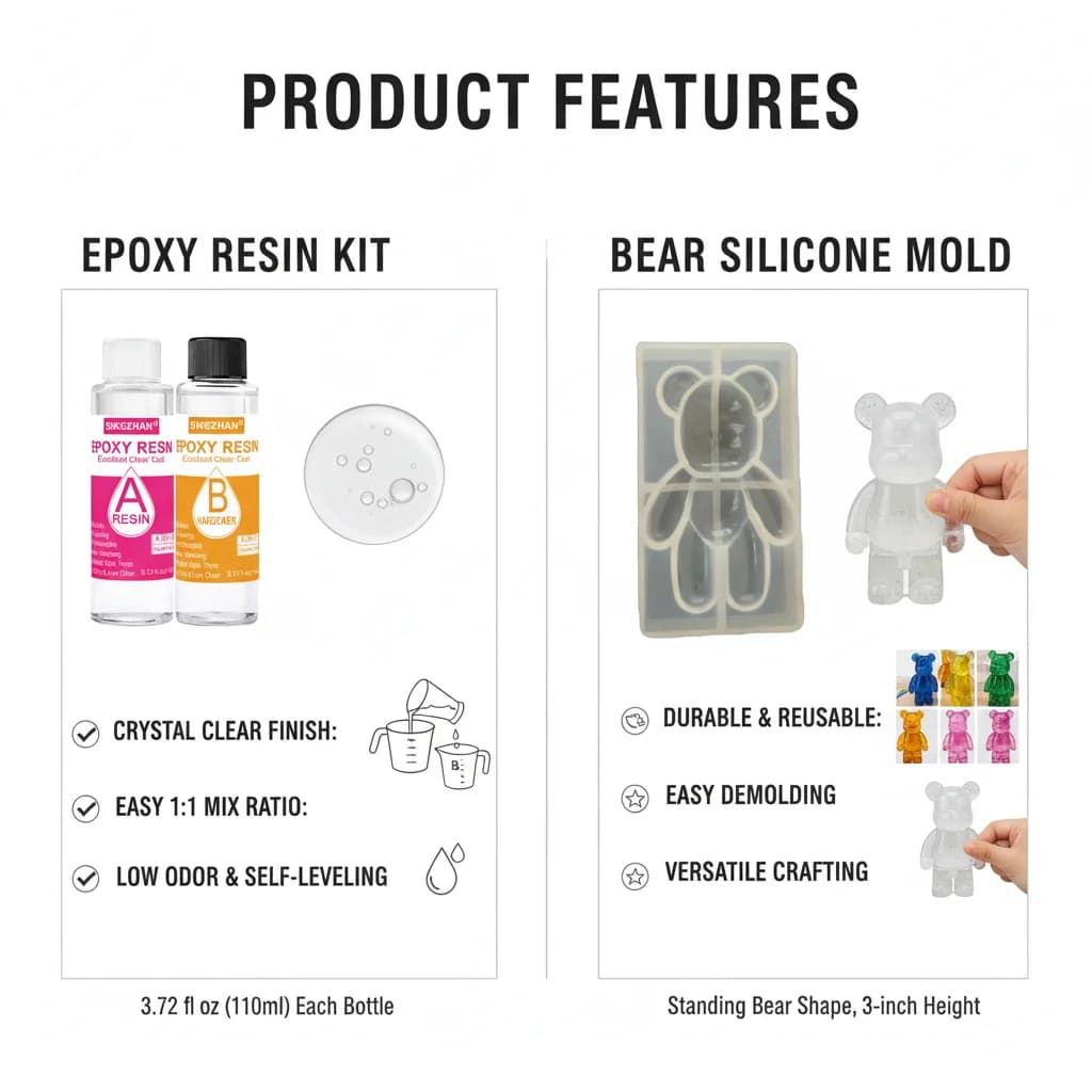 مجموعة راتنج إيبوكسي كريستال يدوية مع قالب سيليكون لدب واقف ثلاثي الأبعاد ومجموعة غراء AB شفاف لصنع المجوهرات وديكور المنزل وفن الصب - 6