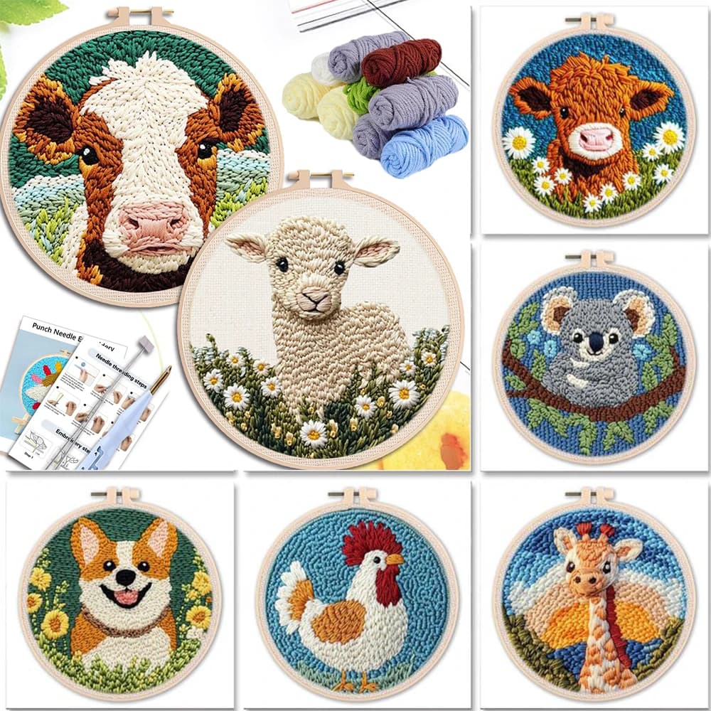 20x20cm Punch Needle Embroidery Starter Kits Cow Pattern for Adults Beginners Punch Needle Kits Easy Handicraft DIY Decor Gift