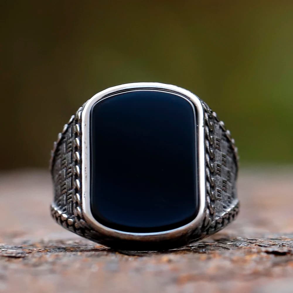 NEW Vintage Punk Stainless Steel Rectangle Anels for Men Black Stone Zircon Men's Anels Totem Luxury Wedding Jewelry - 3