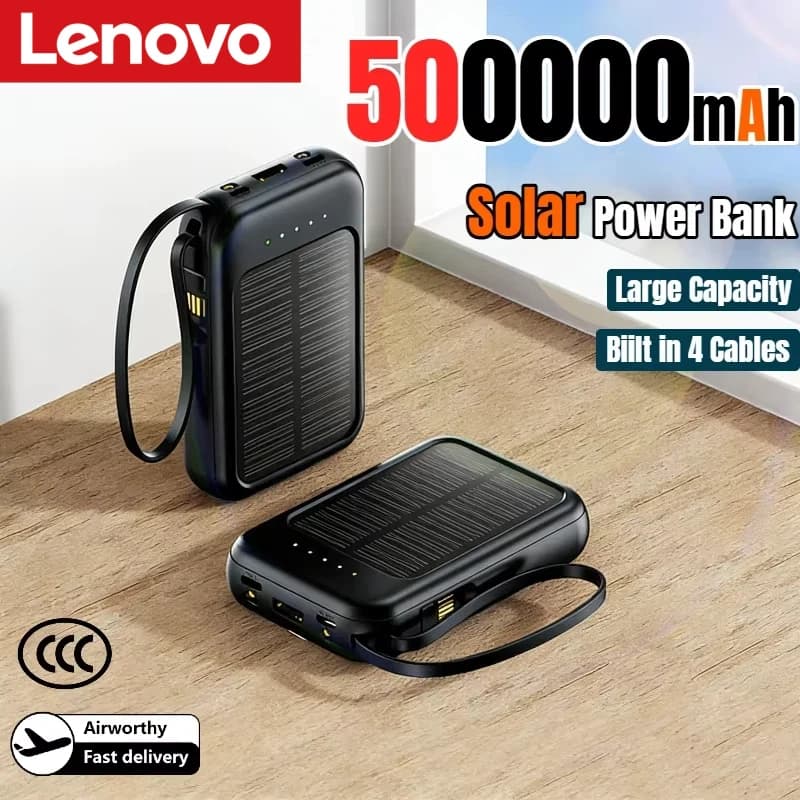 Lenovo 500000mAh Solar Power Bank High Capacity Super Fast Charging Built in 4 Cables Powerbank Outdoor Spare Battery For Phones