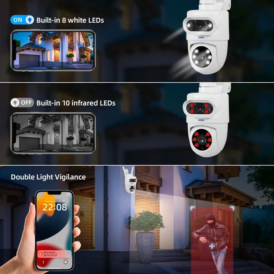 كاميرا KERUI خارجية بدقة 10 ميجابكسل 5K HD بعدسة مزدوجة وواي فاي IP مع خاصية PTZ وأمان منزلي لاسلكي ومراقبة فيديو CCTV وكشف الحركة البشرية باستخدام Tuya - 3