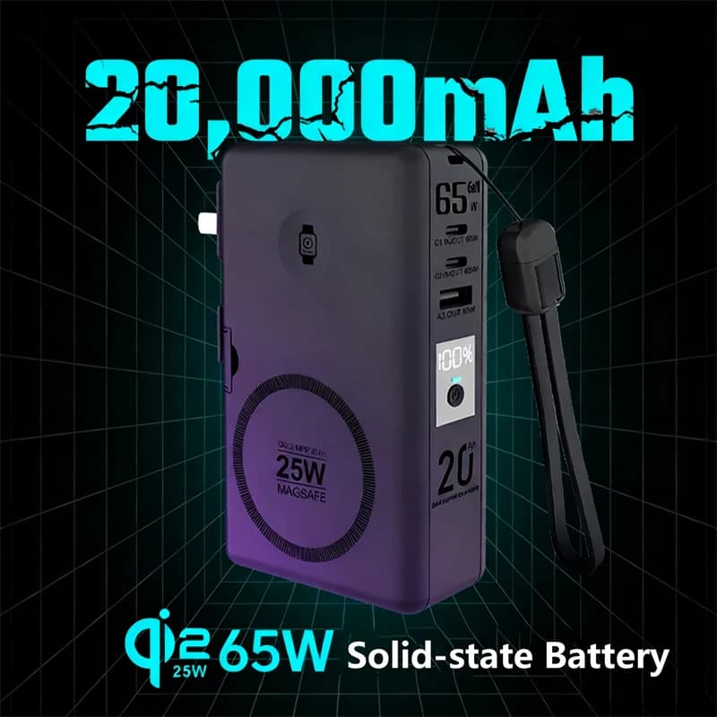 شاحن باور بانك 65 واط من نوع C مع منفذ USB و تقنية GaN بسعة 20000 مللي أمبير و شحن لاسلكي مغناطيسي سريع بقوة 25 واط و تقنية Qi2.2 متوافق مع آيفون 17 و 16 و ساعة آبل و اللابتوب