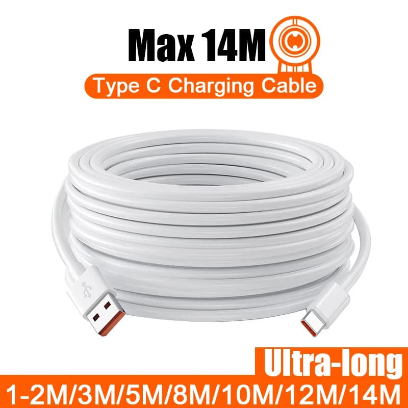 كابل USB C طويل جداً لشاومي ريدمي هواوي هواتف محمولة كابل شحن نوع سي معدات كاميرا VR 2 متر 3 متر 5 متر 8 متر 10 متر 12 متر 14 متر
