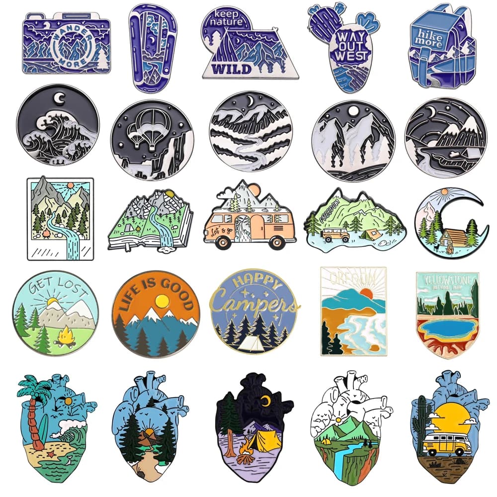 Travel Collection Brooch Hike Bag Mountain Camera Wild Map Car Outdoor Camp Heart Nature Scenery Metal Badge Lapel Pins Jewelry - 6