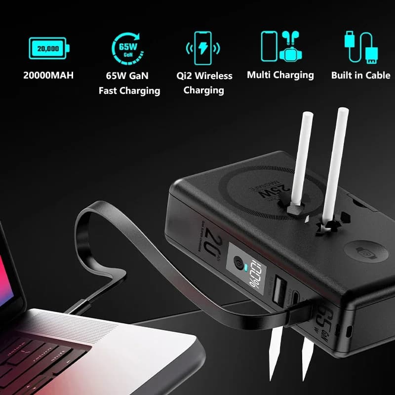 شاحن باور بانك 65 واط من نوع C مع منفذ USB و تقنية GaN بسعة 20000 مللي أمبير و شحن لاسلكي مغناطيسي سريع بقوة 25 واط و تقنية Qi2.2 متوافق مع آيفون 17 و 16 و ساعة آبل و اللابتوب - 2