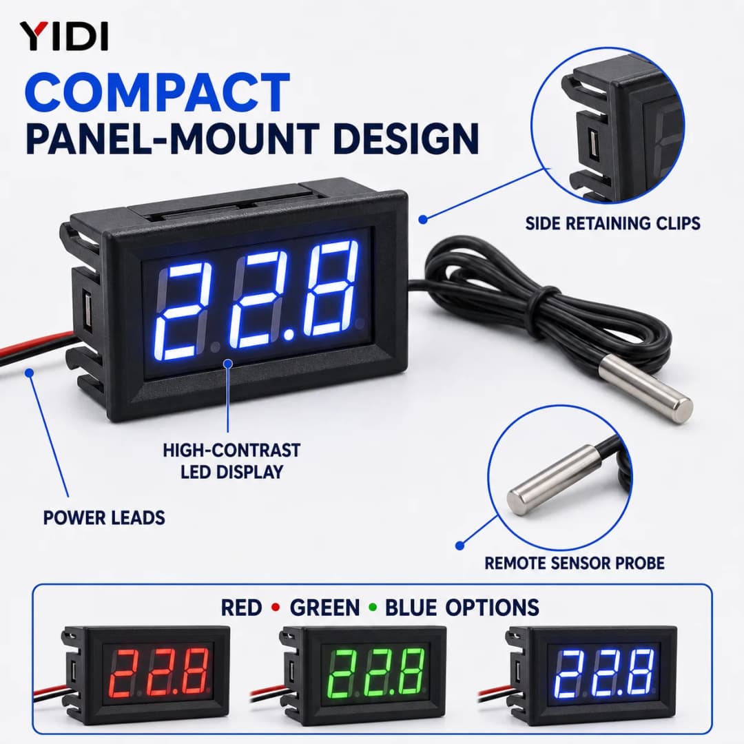 مقياس حرارة رقمي 0.56 بوصة DC 5-12V بشاشة LED حمراء زرقاء خضراء مع مجس لقياس درجة الحرارة في السيارة أو الحاضنة أو حوض السمك - 5