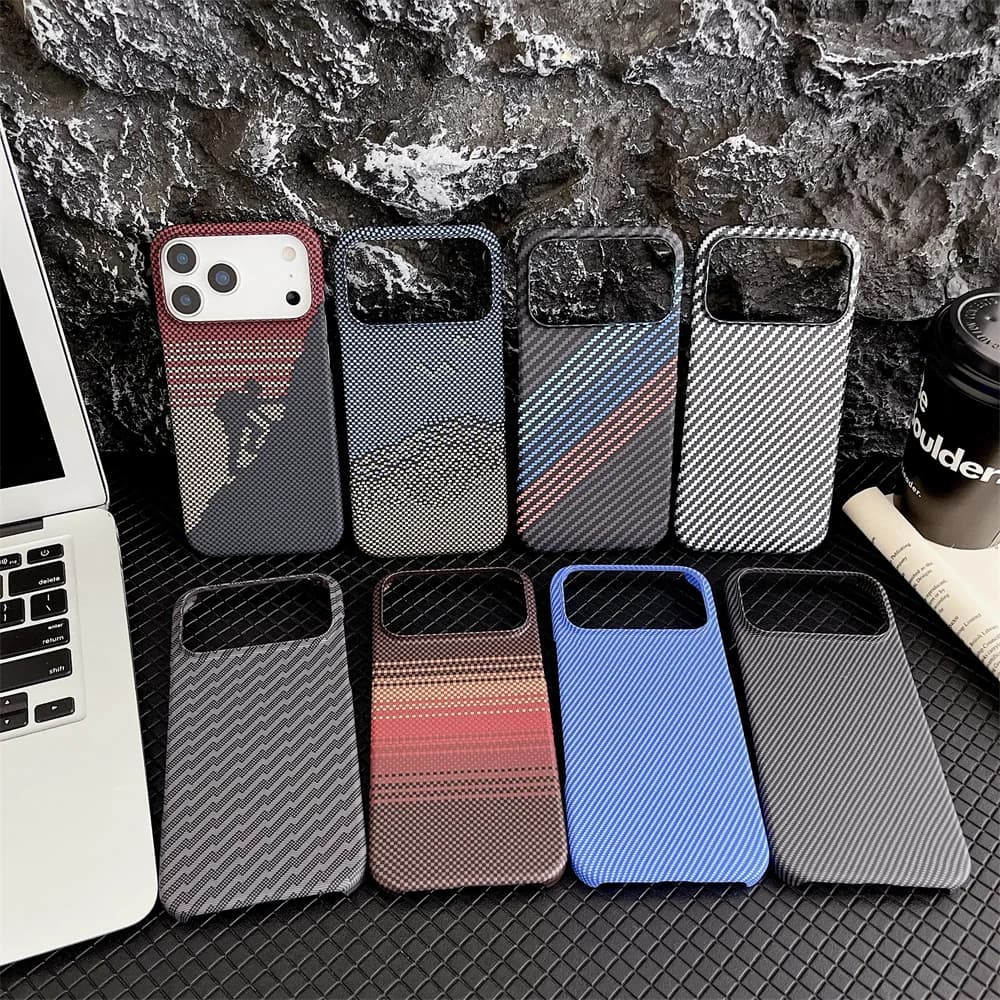 Carbon Fiber Kevlar Texture Phone Case for IPhone 17 Air 16 15 14 Plus 13 12 11 Pro Max Hard Plastic Half Pack Protective Cover