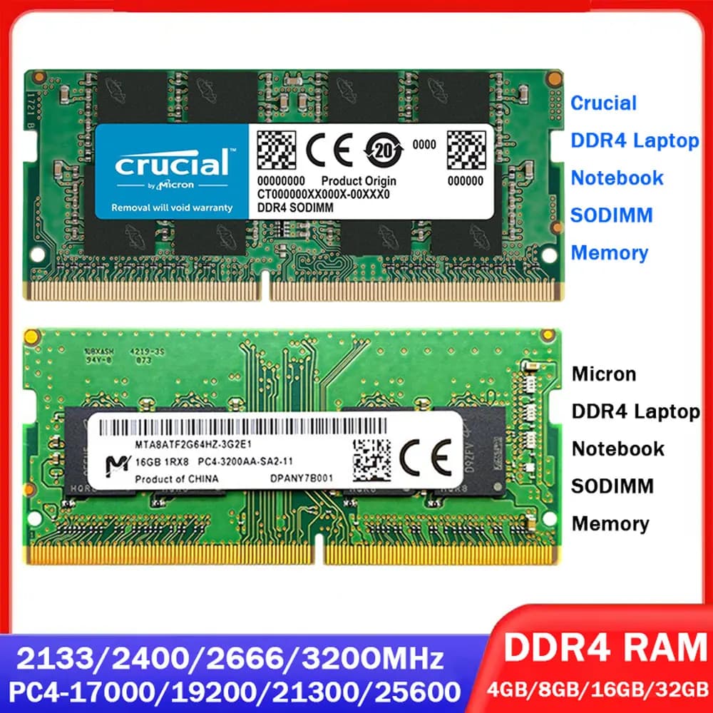 ذاكرة رام Crucial Micron DDR4 بسعة 8 جيجابايت و4 جيجابايت و32 جيجابايت و16 جيجابايت بتردد 3200 ميجاهرتز و2133 و2400 و2666 ميجاهرتز لاجهزة اللابتوب PC4-21300 و19200، ذاكرة SODIMM للاجهزة المحمولة