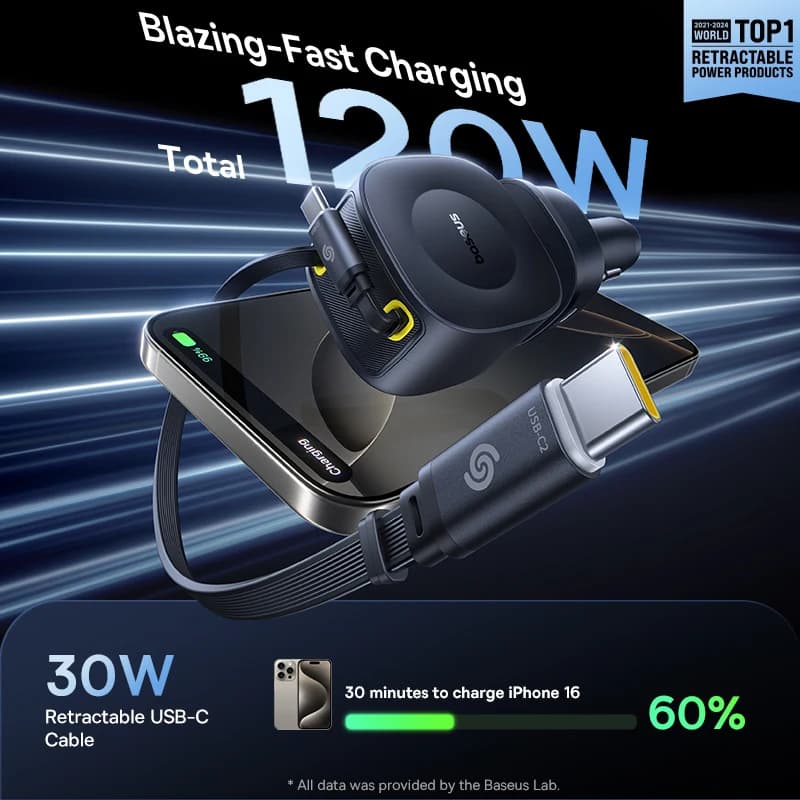 Baseus Car Charger 60W 100W 30W 240W 4 ports Built in Dual Retractable Cable PD Fast Charging USB Type-C Car Phone Charger - 2