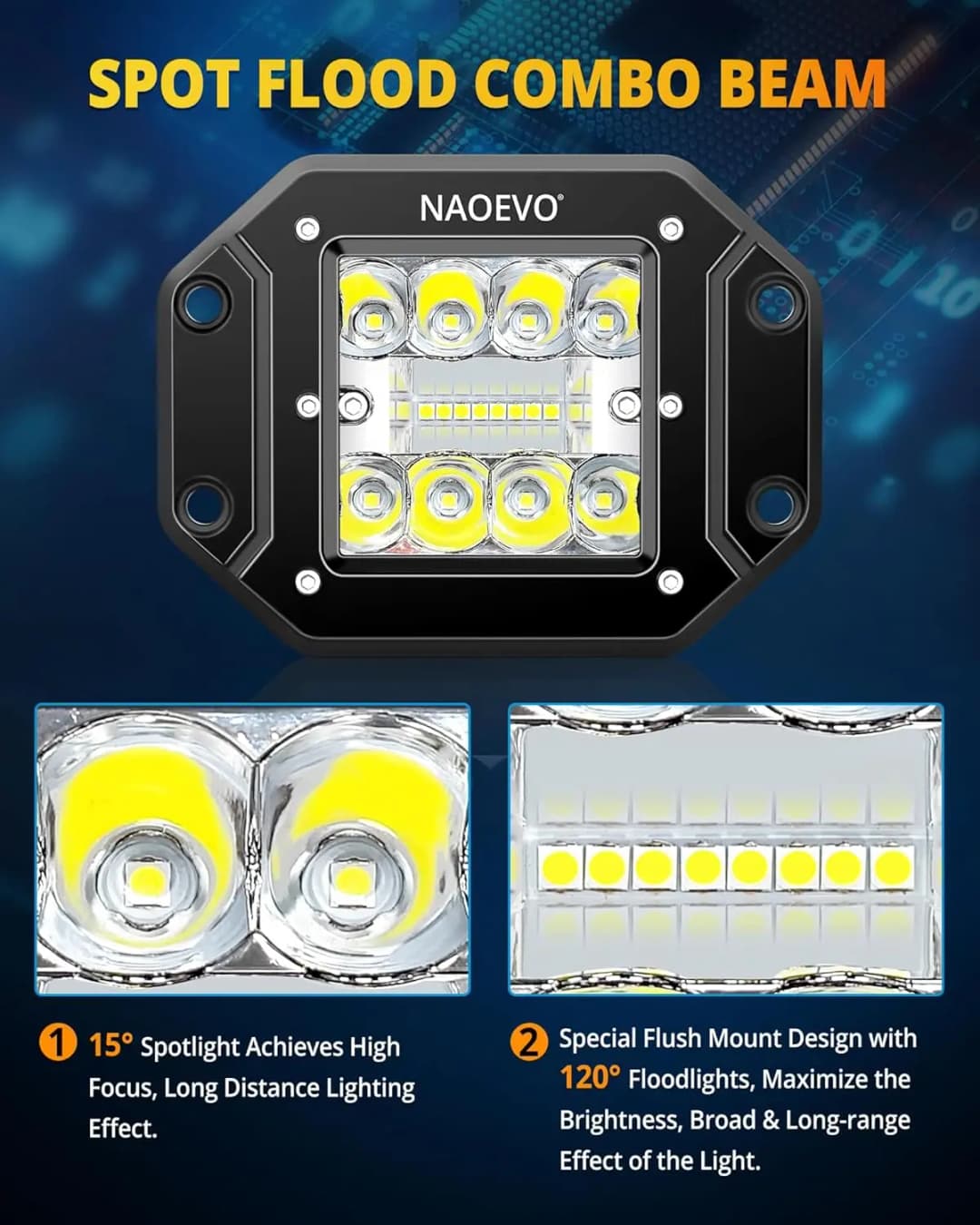 NAOEVO 5 Inch Flush Mount LED Pods Lights 40W 4000LM Spot Flood Combo LED Light Bar Offroad Driving Fog Lights LED Work Lights - 4