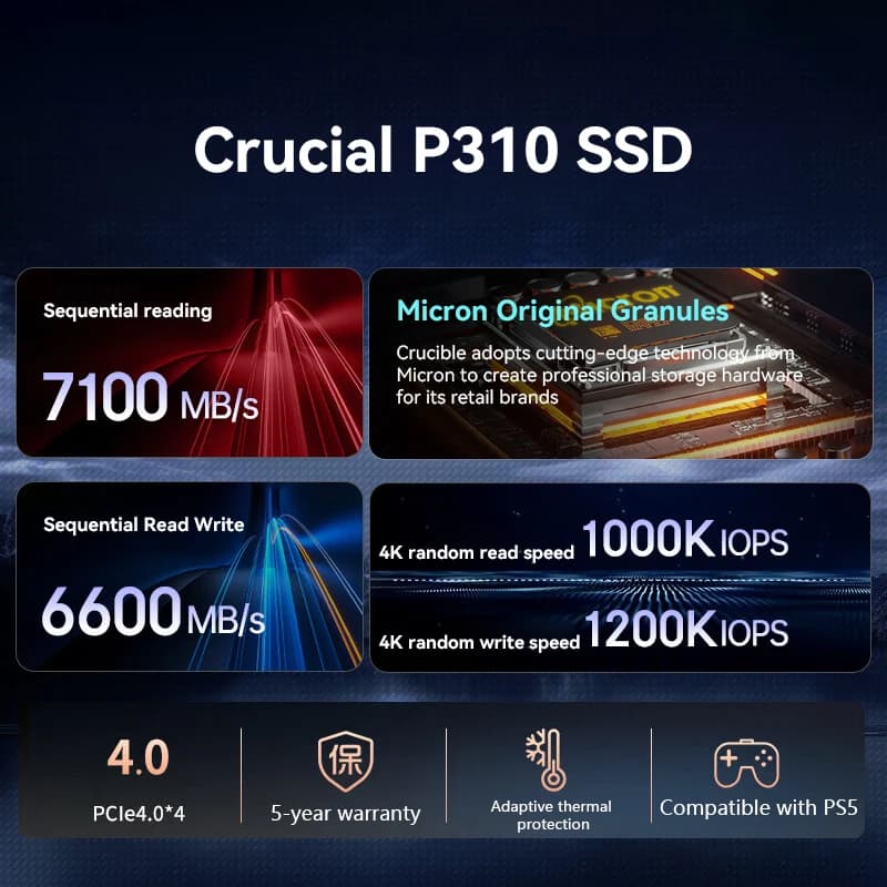 Crucial P310 SSD 1TB 2TB 4TB PCIe Gen4 NVMe M.2 2280 Up to 7,100MB/s Solid State Drive for Laptop Desktop PC Gamer - 3