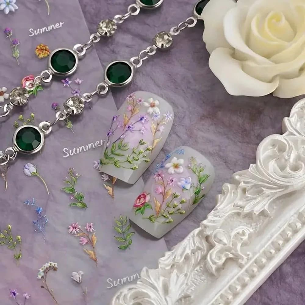 1pc Flower Nail Stickers Summer Floral Leaf Plant 5D Embossed Nail Slider Decals Self-Adhesive Nail Art Supplies Manicure Decor - 3