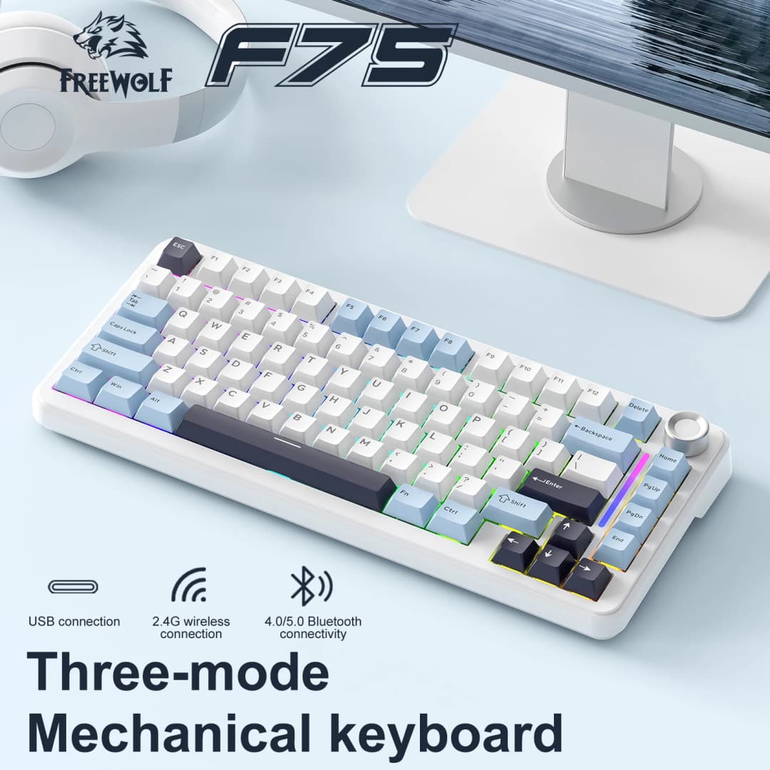 F75 Mechanical Keyboard FREEWOLF 81 Keys Layout Metal Knobs PBT Keycaps,Fully Hot-swappable Keys RGB Multi-color Backlighting - 2