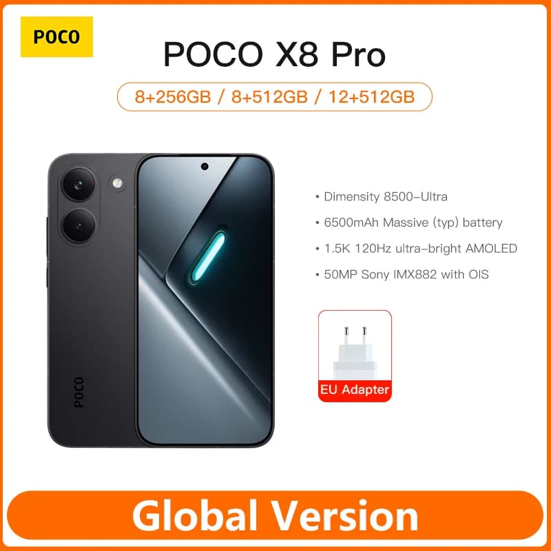 هاتف POCO X8 Pro 5G نسخة عالمية بشاشة AMOLED فائقة السطوع بمعدل تحديث 120Hz ودقة 1.5K ومعالج Dimensity 8500-Ultra وNFC وكاميرا 50 ميجابكسل