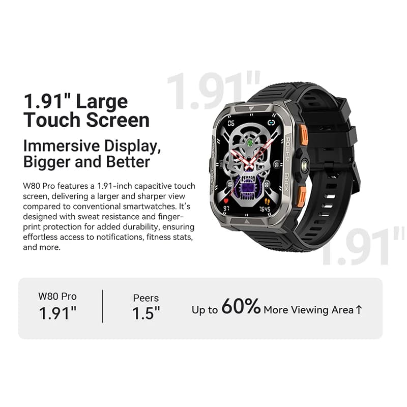 بلاك فيو W80 برو ساعة ذكية، شاشة 1.91 بوصة، جي بي إس، بوصلة، ساعة خارجية متينة، بطارية 900 مللي أمبير، كشاف LED، مكالمات بلوتوث - 6