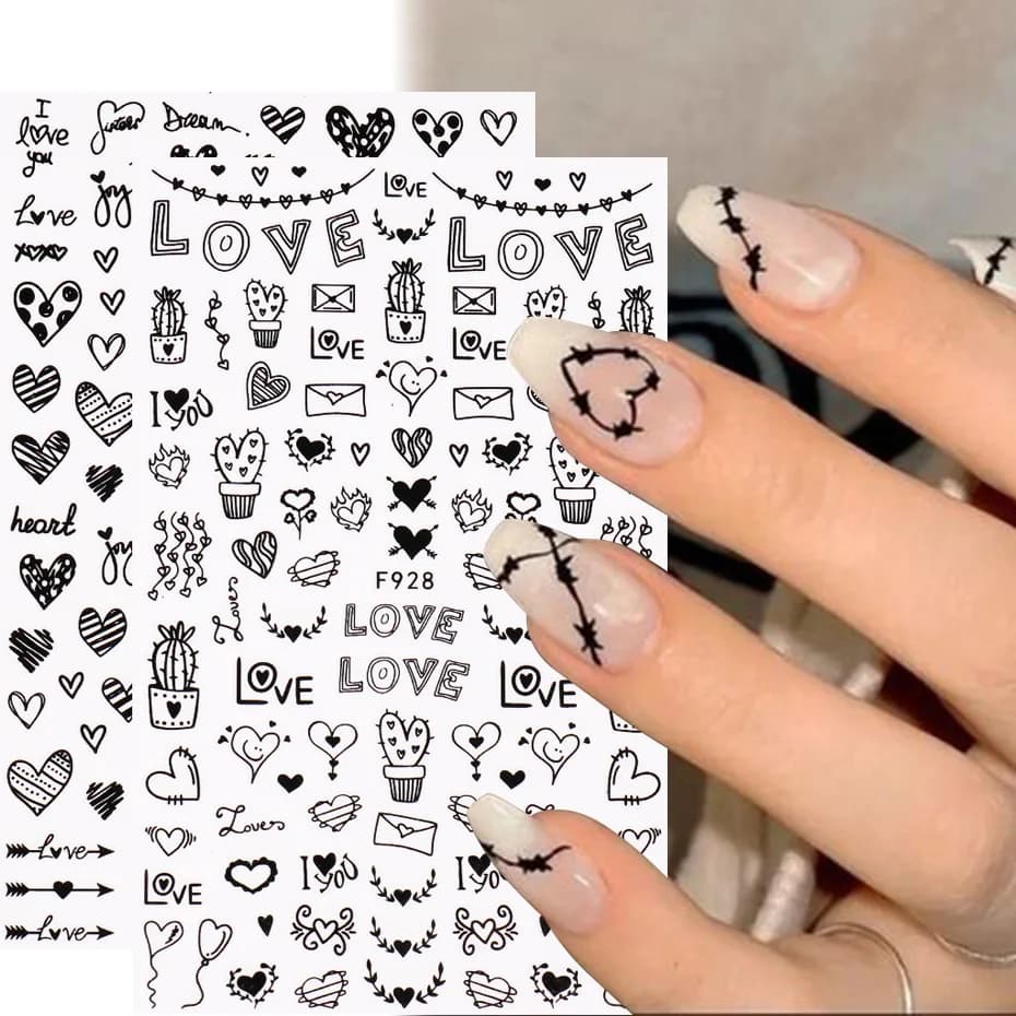 1PCS New Valentine's Day Nail Art Stickers Black White Love Nail Art Decals Nail Decoration DIY 3D Adhesive Stickers Nail Parts - 3