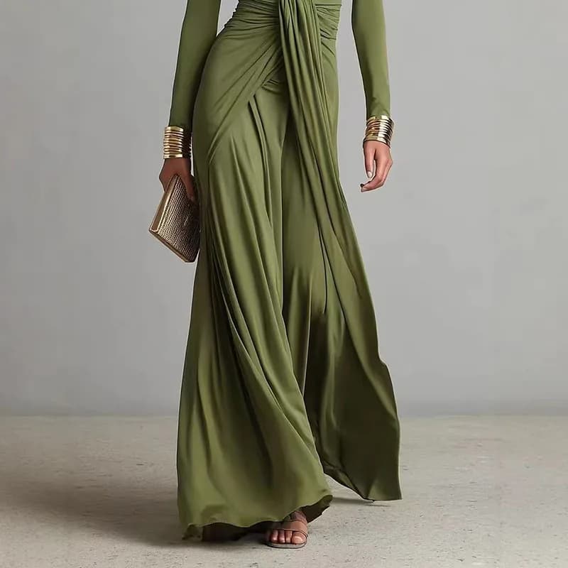Women's Elegant Deep V Neck Maxi Dress Spring Twist Knot Ruched Floor-Length Evening Gown Autumn New Long Sleeve Slim Boho Dress - 3