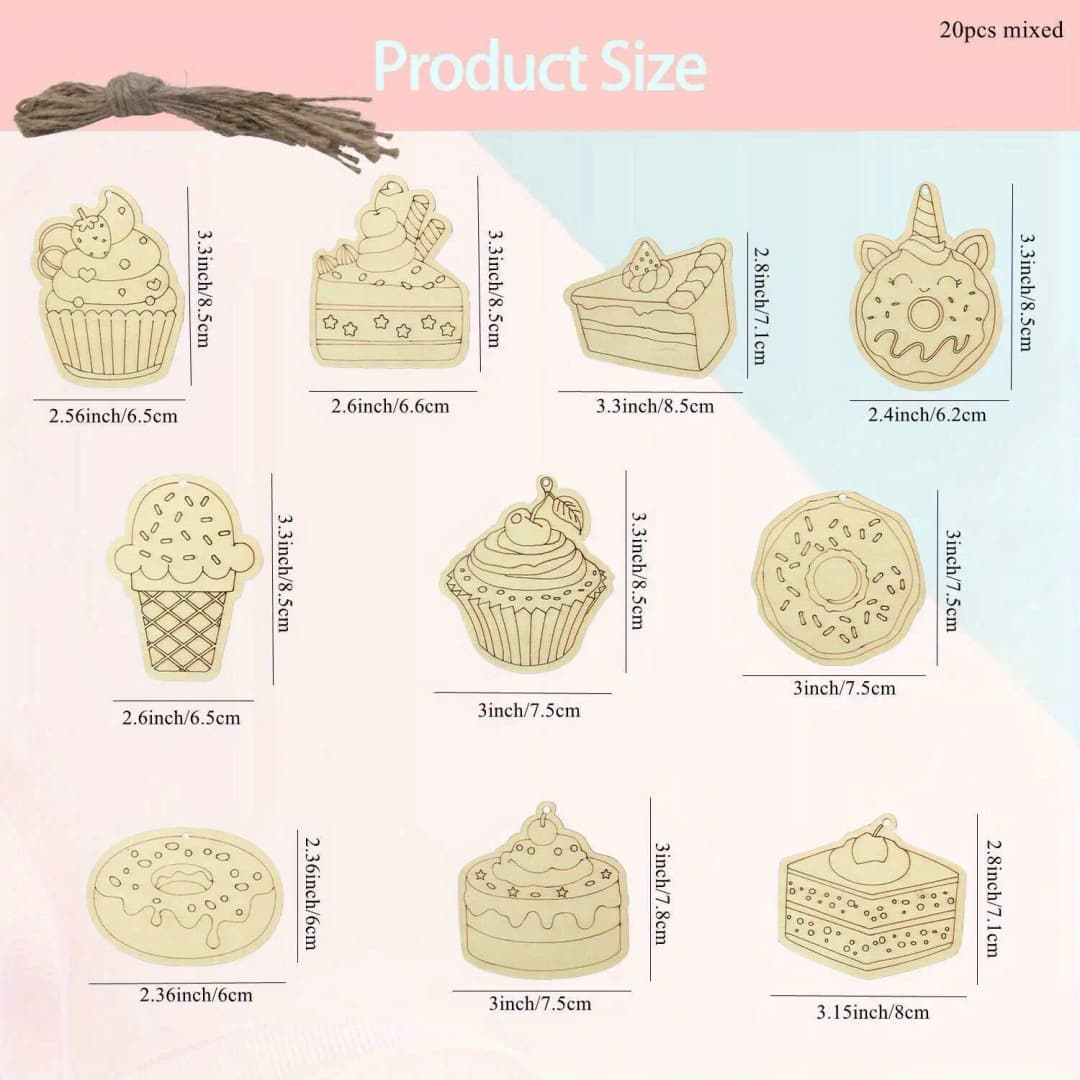 20 قطعة كب كيك خشبية الحلي الكرتون دونات غير مصبوغ الحرف ل الصيف الحلو حفلة عيد ميلاد دهان داي لوازم الهدايا - 2