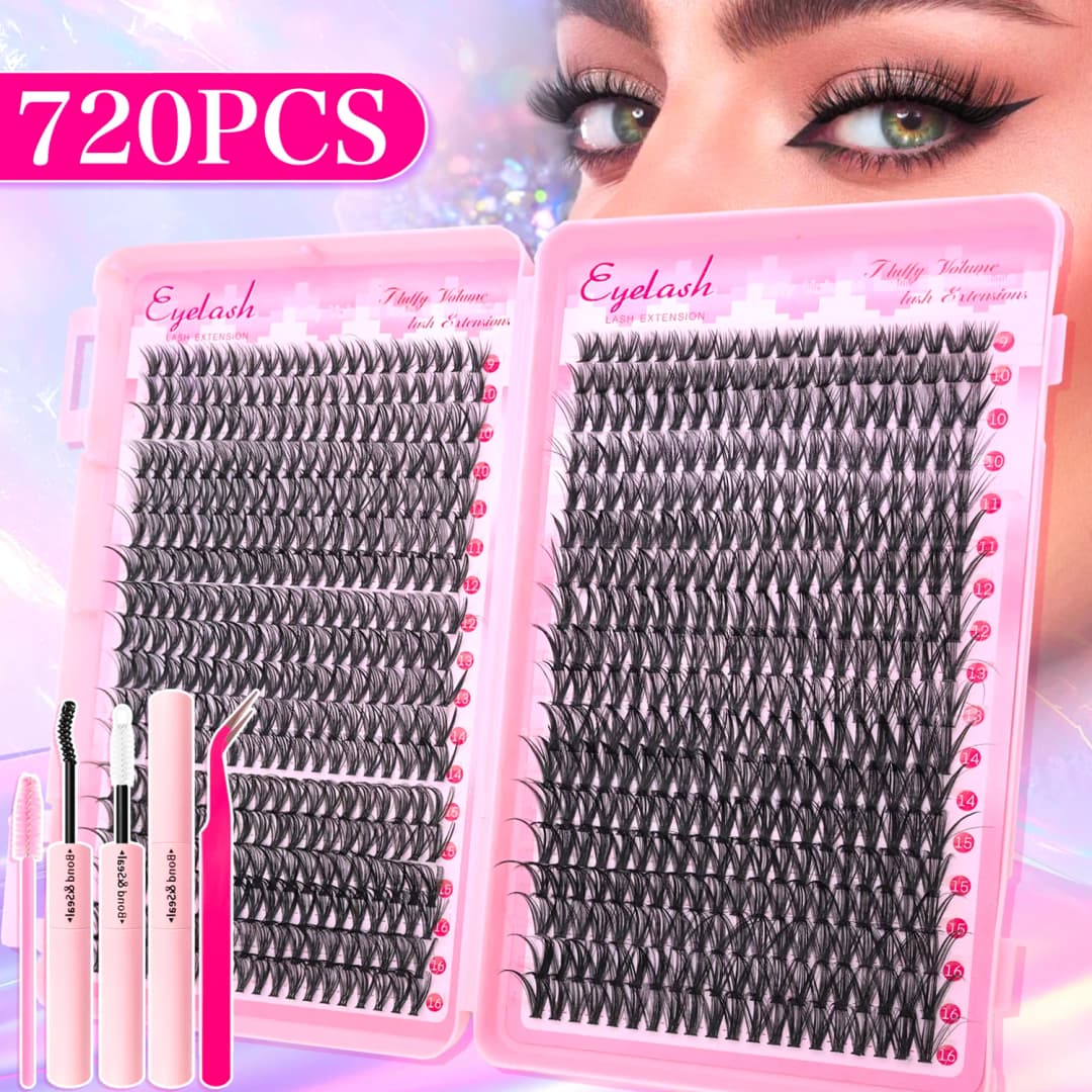 720/200pcs eyelash Extension Kit Fluffy Eyelash Extension kit with Lash Bond and Seal Lash Tweezers Thick Lash Clusters Wispy - 3