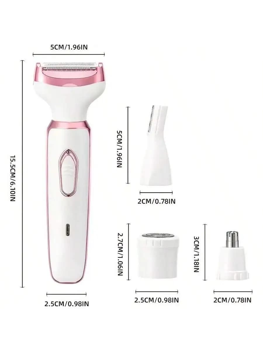 4-in-1 Rechargeable Electric Lady Shaver Set - 500mAh Portable Wet/Dry Trimmer for Face, Nose, Legs & Underarms - 3