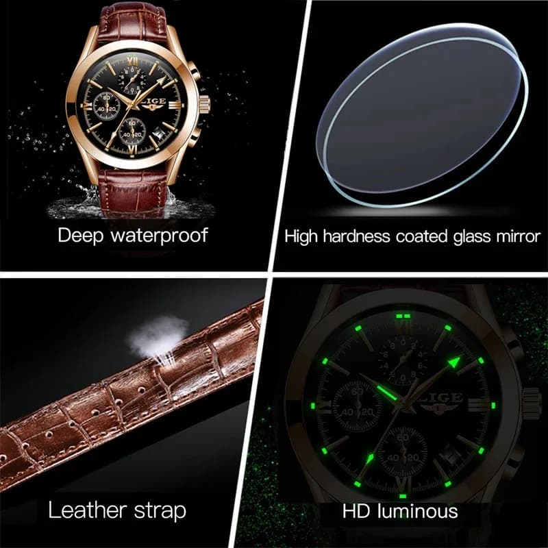 LIGE New Fashion Men's Watches Top Brand Luxury Casual Military Leather Quartz Man Watch Business Waterproof Sports Chronograph - 5