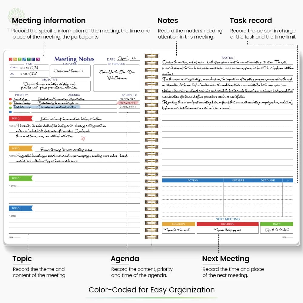 دفتر اجتماعات للعمل مع عناصر العمل، منظم ملاحظات اجتماعات مكتبية/تجارية للرجال والنساء - 3