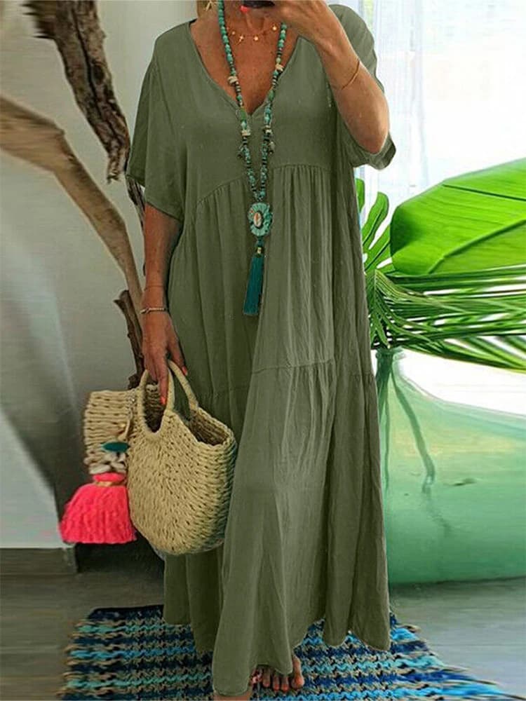 plus Size Women's Casual Loose V-Neck Solid Long Dress Spring Summer Pleated Big Size Women's Dress - 2