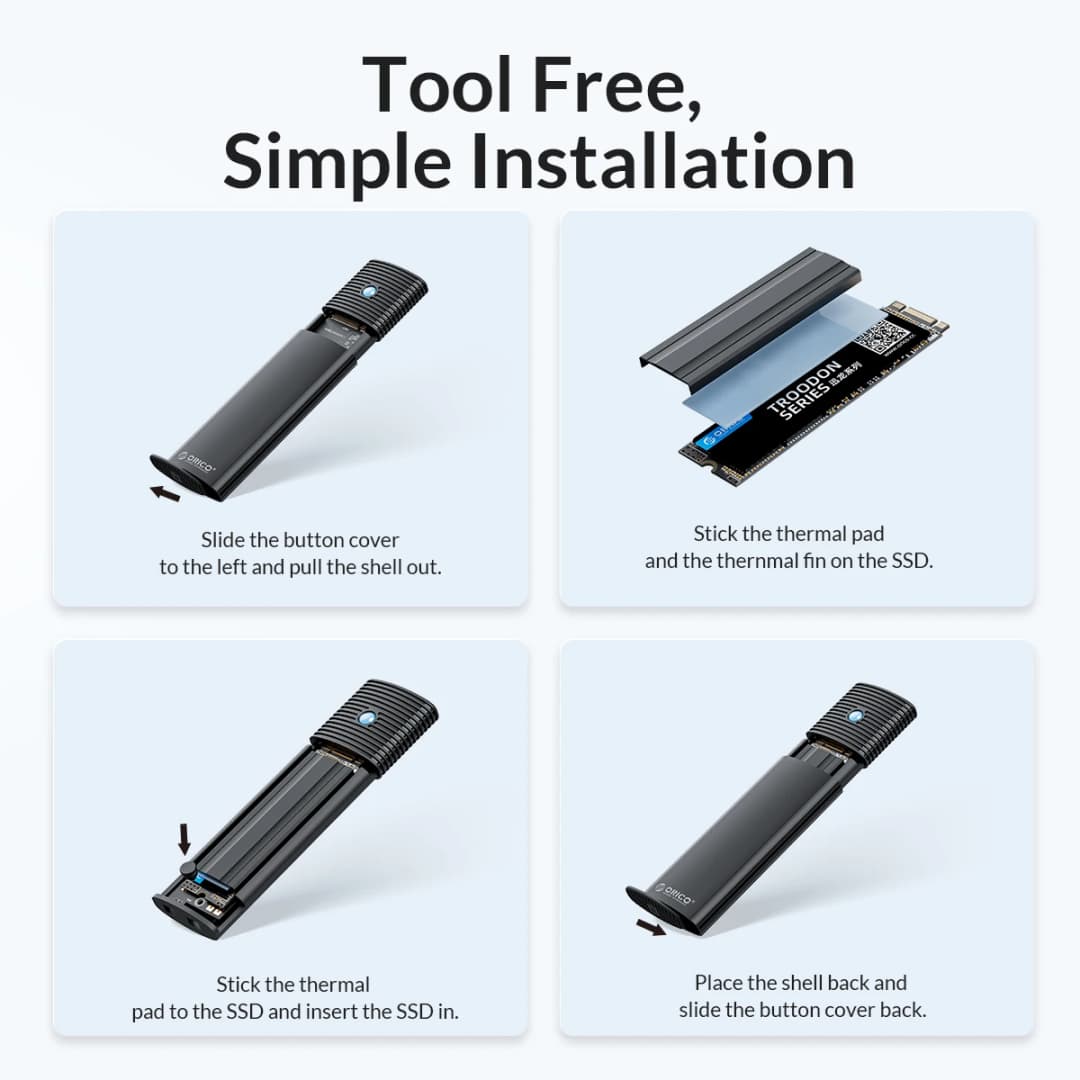 ORICO M2 SSD Enclosure NVMe NGFF 10Gbps PCIe M.2 SSD Case Portable USB C 3.2Gen2 Tool Free External Adapter with Metal Heat Sink - 5