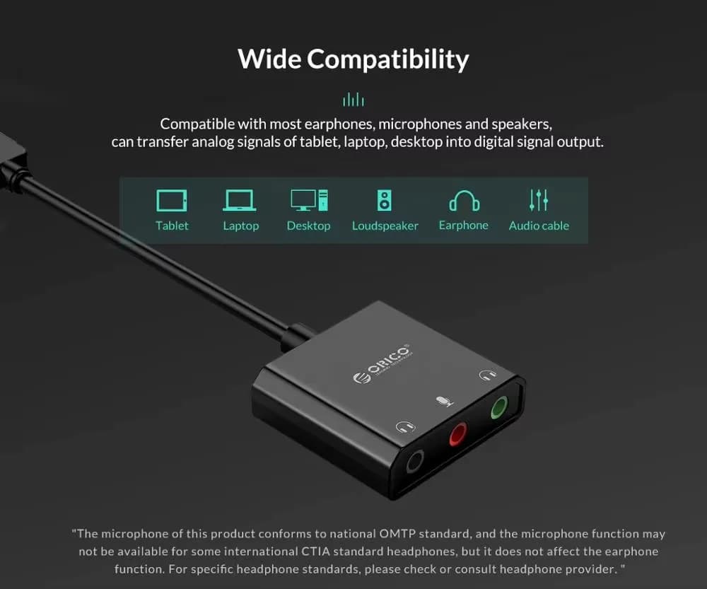 بطاقة صوت ORICO واجهة USB خارجية 3.5 مم ميكروفون ستيريو ضبط مستوى الصوت محول محرك مجاني لسماعات الكمبيوتر المحمول PS4 - 4