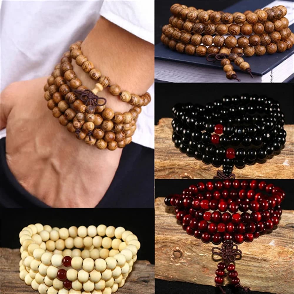 سوار من خشب الصندل الطبيعي للرجال سوار تأمل بوذي بوذا للنساء سوار صلاة 108 حبة سبحة تعليقة ديكور