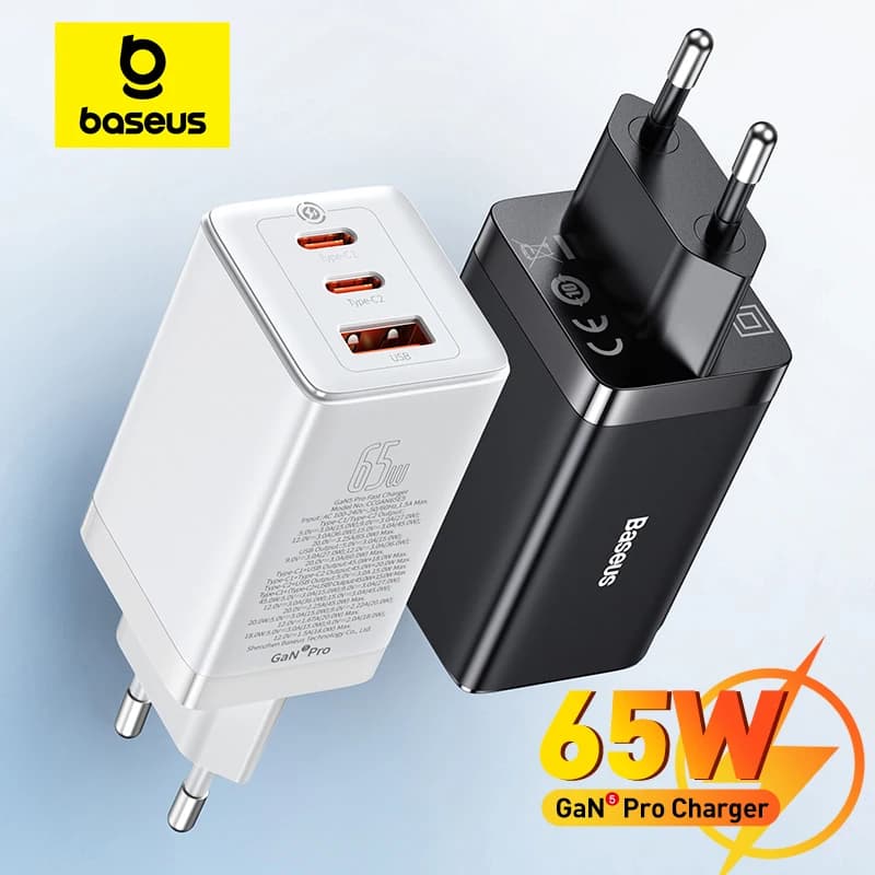 شاحن Baseus 65W GaN شحن سريع Type C PD QC شاحن USB شاحن سريع محمول لجهاز الكمبيوتر المحمول iPhone 17 16 15 14 13 Pro