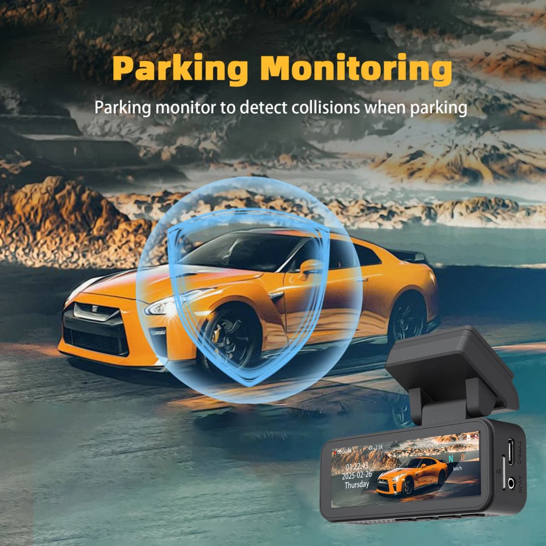 كاميرا داش Aprilboy بدقة 4K، عدسة مزدوجة، تسجيل للرؤية الليلية، واي فاي مدمج، GPS، ومراقبة وقوف السيارات 24 ساعة - 6