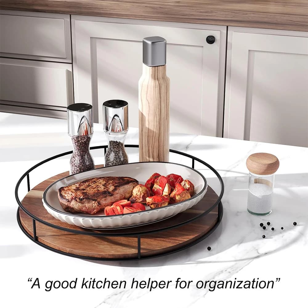 LMETJMA Acacia Wood Lazy Susan Turntable with Metal Frame Kitchen Susans Organizer Countertop Storage Wooden Serving Tray Rack - 5