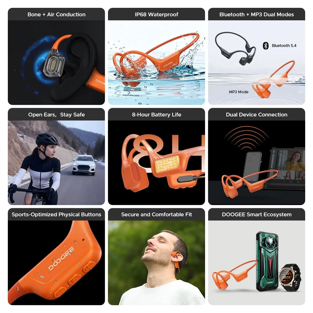 DOOGEE BoneAir Swim Bone Conduction Headphones Bluetooth 5.4 Wireless Ear Hooks Off Map Waterproof Ear phones for Outdoor Sports - 2
