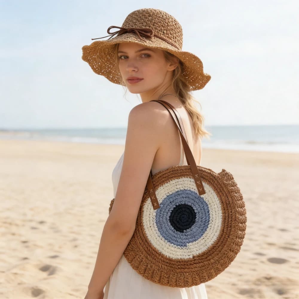 2PCS Summer New Straw Bag Straw Hat Women's New Shoulder Bag Large Capacity Woven Beach Vacation Color Blocked Round Tote Bag