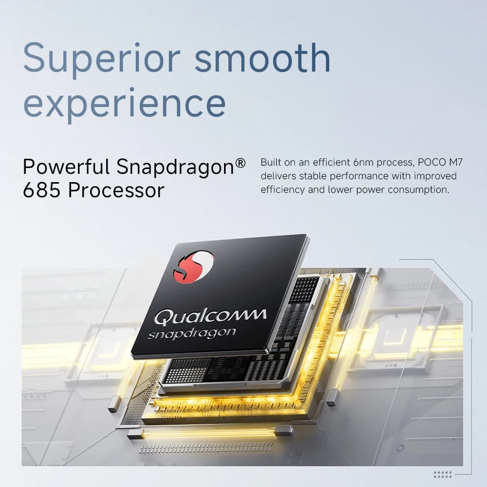 هاتف POCO M7 الأصلي نسخة عالمية معالج Snapdragon 685 شاشة 6.9 بوصة 144 هرتز FHD+ DotDisplay كاميرا 50 ميجابكسل بطارية 7000 مللي أمبير شحن سريع 33 واط NFC - 6