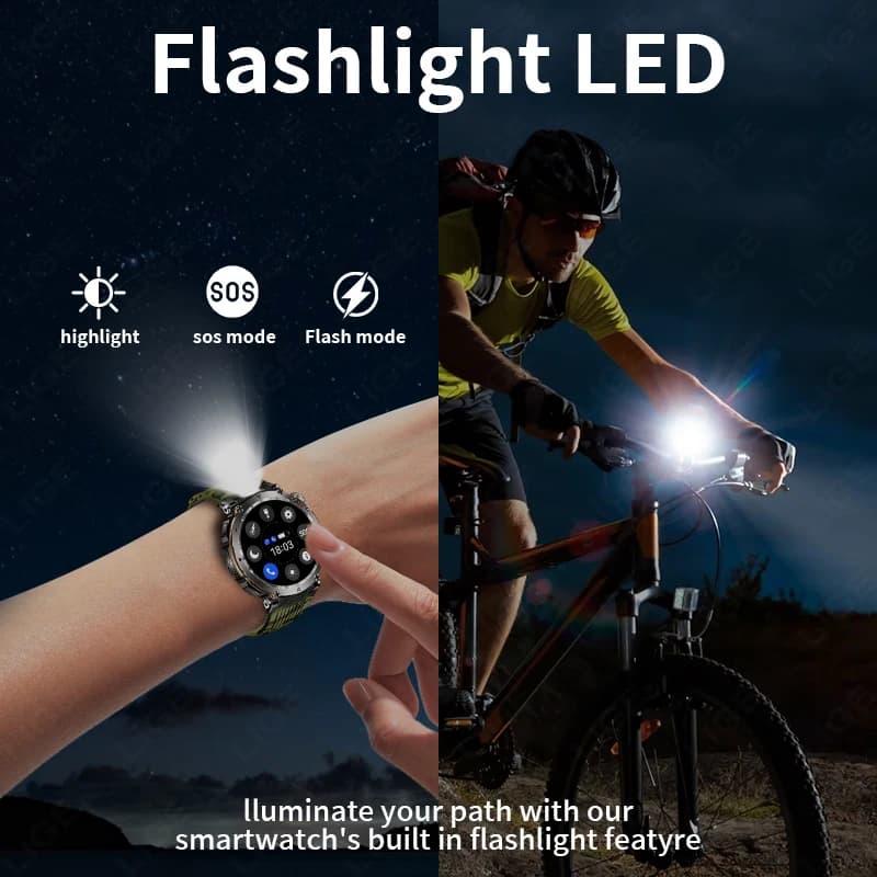 ساعة LIGE الذكية بوصلة مكالمات بلوتوث 600mAh كشاف LED معدل ضربات القلب IP68 ساعات ذكية رياضية 2026 ساعة ذكية جديدة للرجال في الهواء الطلق - 4