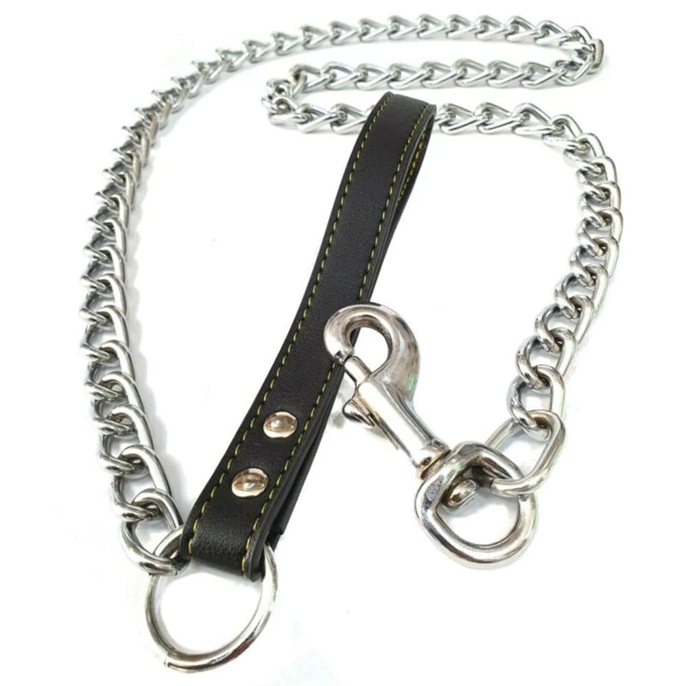 Metal Chain Dog Leash Leather Handle dog collar Dog walking rope Pets Supplies Durable strong control - 6