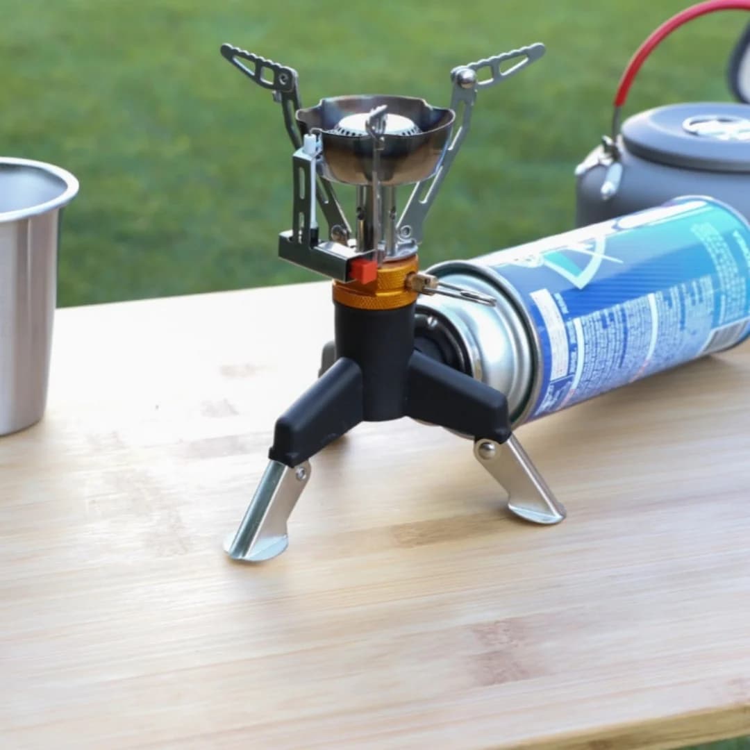 موصل محول موقد غاز تخييم محمول مع حامل ثلاثي قابل للطي من الفولاذ المقاوم للصدأ - معدات طبخ للمشي لمسافات طويلة - 5