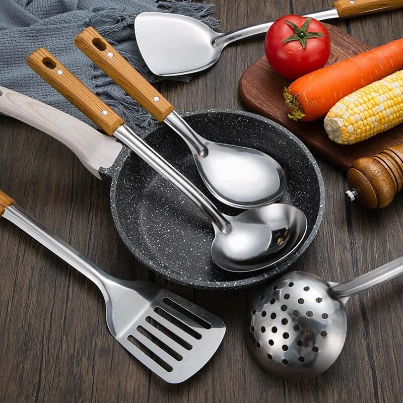 1pc Stainless Steel Imitation Wood Grain Handle Spatula Leaky Shovel Spoon 5 Tools for Kitchen Light for Cooking Kitchen Tools - 2