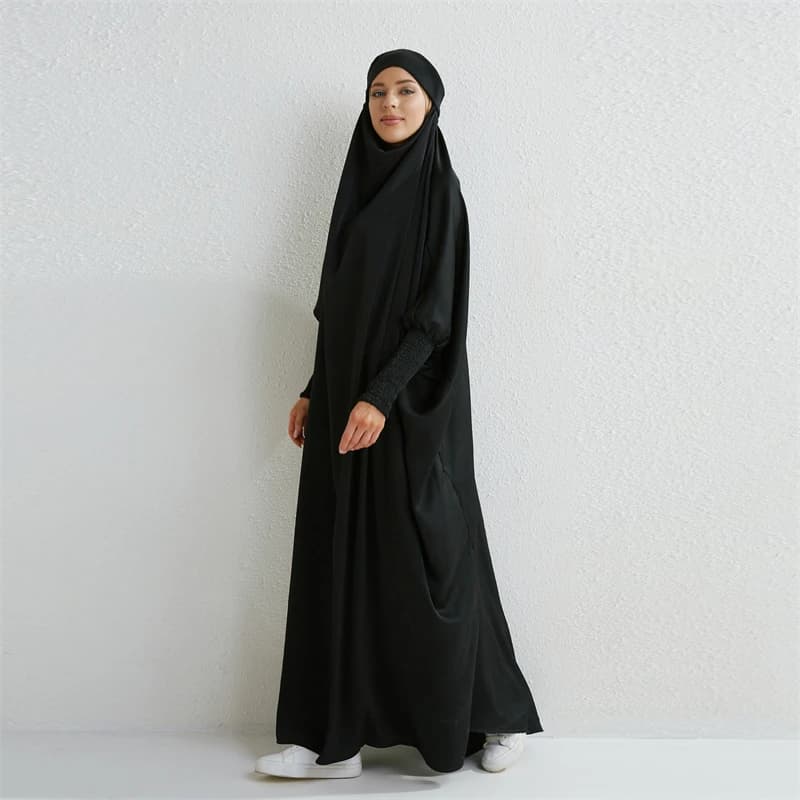 Muslim Abaya Hooded Smocking Sleeve One-piece Prayer Dress Women Jilbab Islamic Clothing Dubai Saudi Black Robe Turkish Modesty - 5