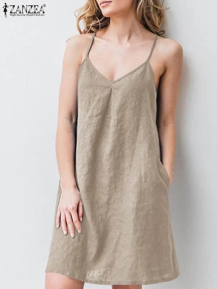2023 ZANZEA Women Summer Backless Straps Dress Solid Sleeveless V-Neck Sundress Female Casual Robe Party Beach Vestidos Oversize - 2