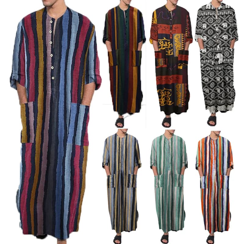 Men's Muslim Long Sleeve Cotton Striped Robes Islamic Arabian Kaftan Suit Middle East Dubai Abaya Retro Spring Clothing 2025 New - 2