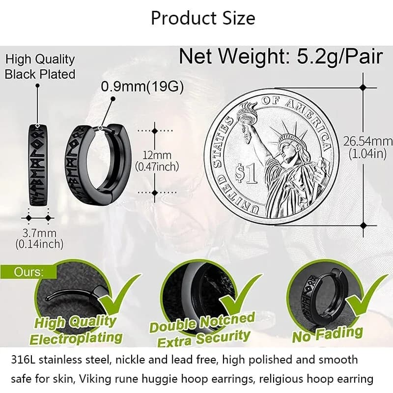 2pcs Stainless Steel Norwegian Viking Rune Hoop Earrings for Men Woman, 12mm Huggie Hoop Religious Earring Piercing Jewelry - 5